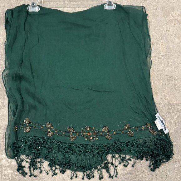 Sue Wong 100% Silk Scarf Dress Green Gold Sheer Shawl Hand Beaded Jewel Large #2 - Picture 1 of 14